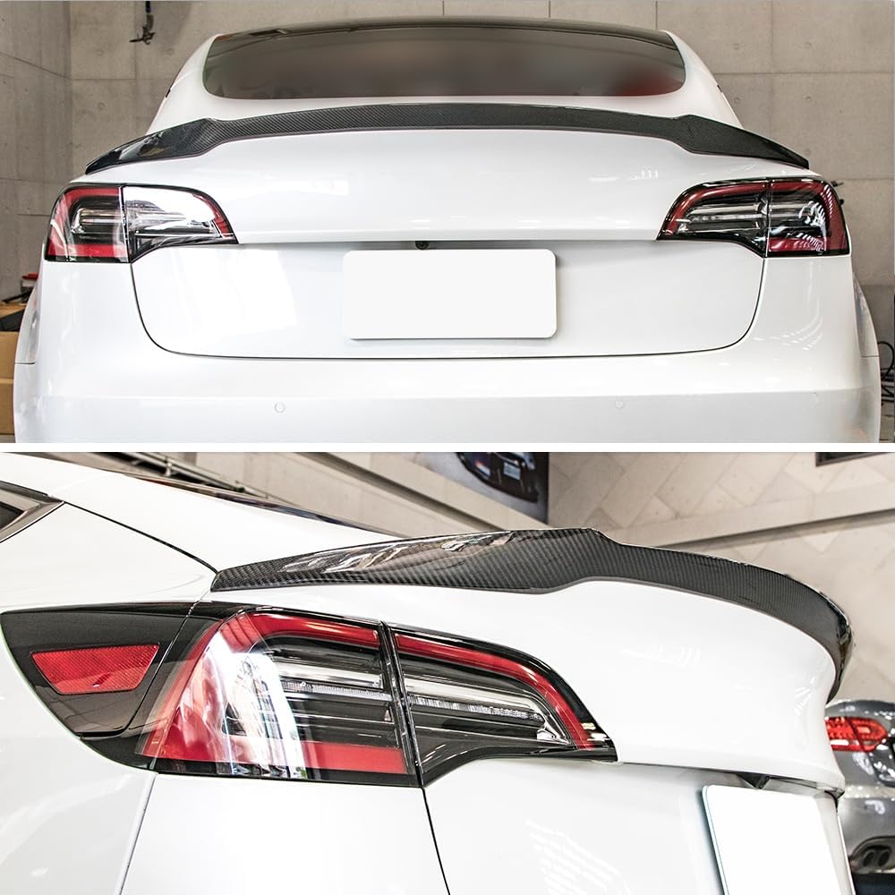 AeroBon Real Carbon Fiber Trunk Spoiler Compatible with 2017-2023 Tesla Model 3 Rear Spoiler (RL Style) Revolution Line