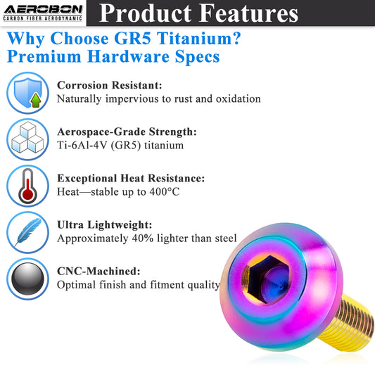 AeroBon GR5 Titanium Bolt Kit M6x20mm (16mm Head OD) for Engine Bay Exterior Trim Body Panels Dress-Up Hardware, M6x1.0, 8 Bolts (Rainbow)
