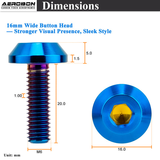 AeroBon GR5 Titanium Bolt Kit M6x20mm (16mm Head OD) for Engine Bay Exterior Trim Body Panels Dress-Up Hardware, M6x1.0, 8 Bolts (Burnt Blue)