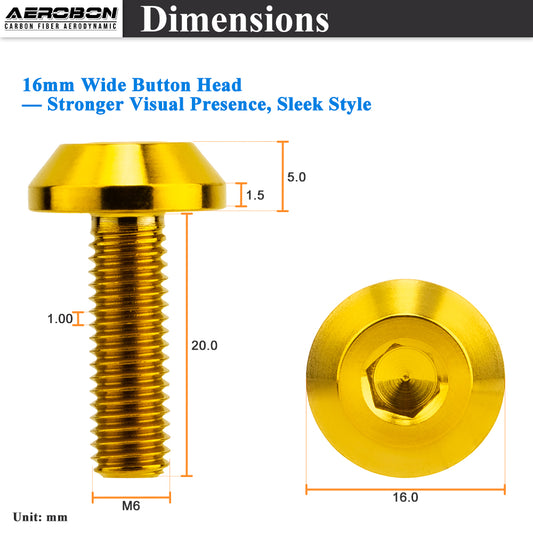 AeroBon GR5 Titanium Bolt Kit M6x20mm (16mm Head OD) for Engine Bay Exterior Trim Body Panels Dress-Up Hardware, M6x1.0, 8 Bolts (Gold)