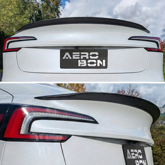 AeroBon CF Trunk Spoiler Tesla Model 3 Highland (2024-2025) - installed - rear view