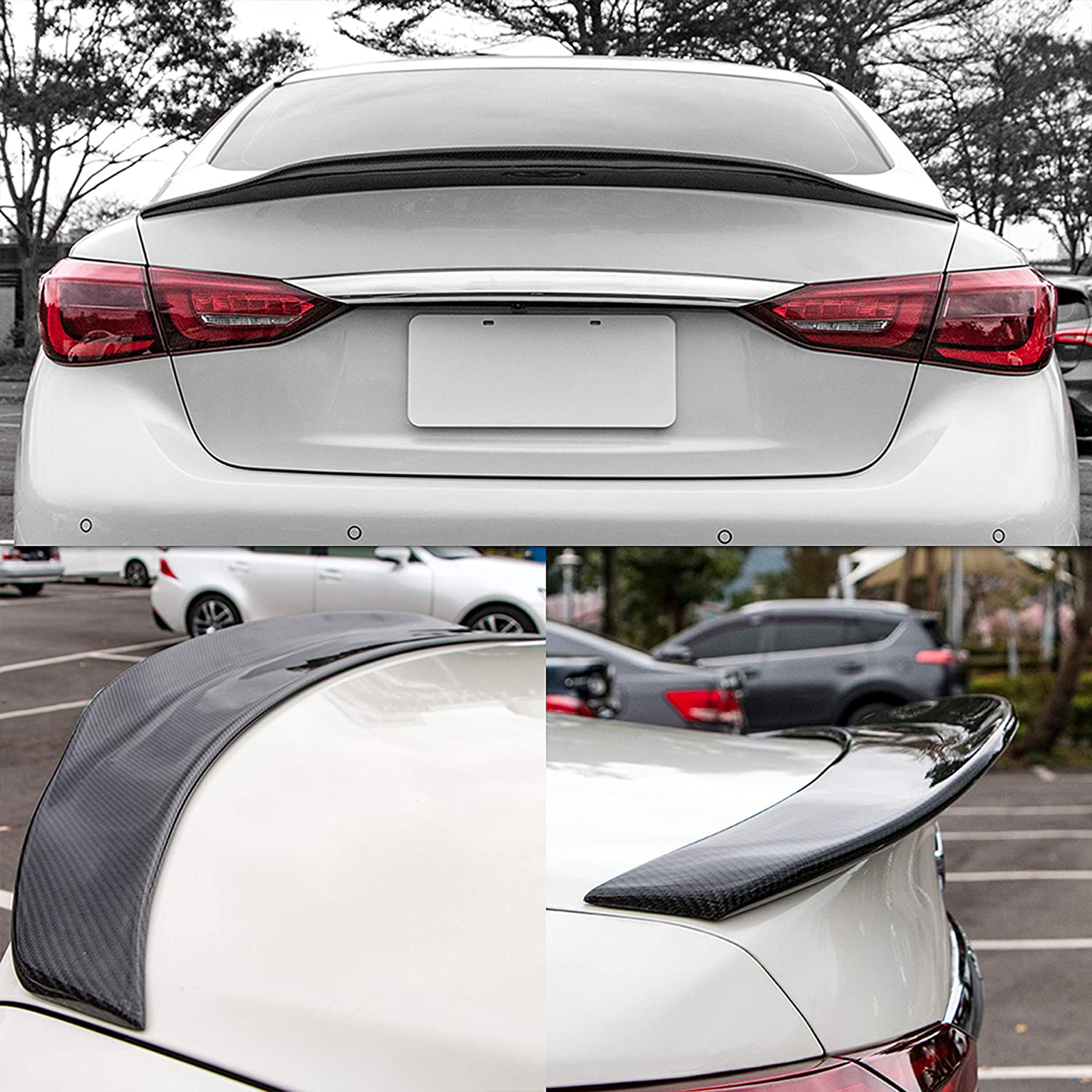 AeroBon Real Carbon Fiber Trunk Spoiler Wing Compatible with 2014-21 Infiniti Q50 Q50S Sedan (H+ Style)