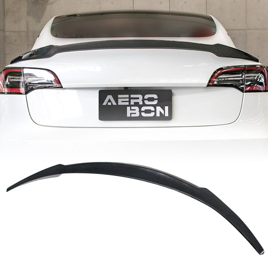 AeroBon Real Carbon Fiber Trunk Spoiler Compatible with 2017-2023 Tesla Model 3 Rear Spoiler (RL Style) Revolution Line