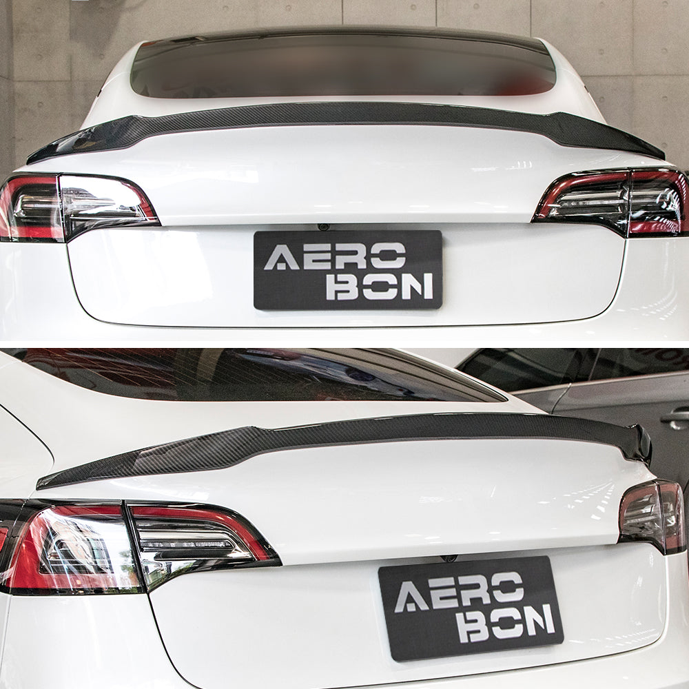 AeroBon Real Carbon Fiber Trunk Spoiler Compatible with 2017-2023 Tesla Model 3 Rear Spoiler (RL Style) Revolution Line