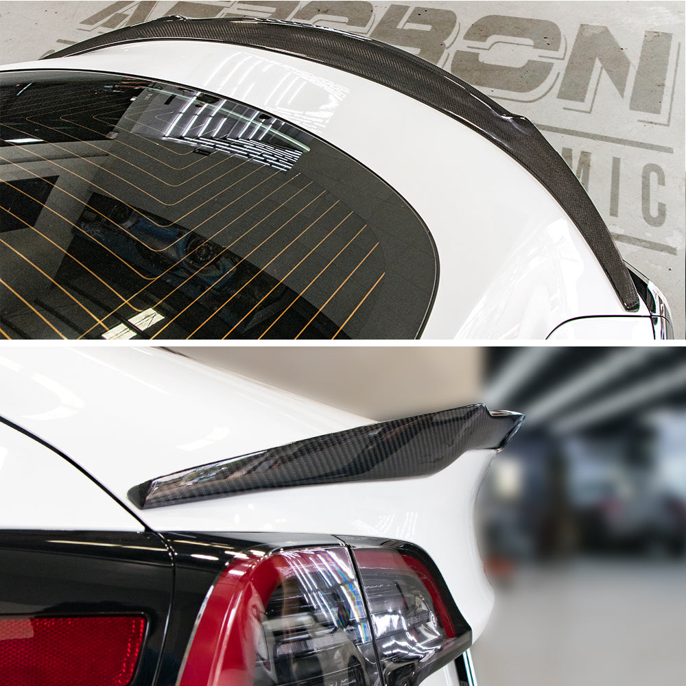 AeroBon Real Carbon Fiber Trunk Spoiler Compatible with 2017-2023 Tesla Model 3 Rear Spoiler (RL Style) Revolution Line
