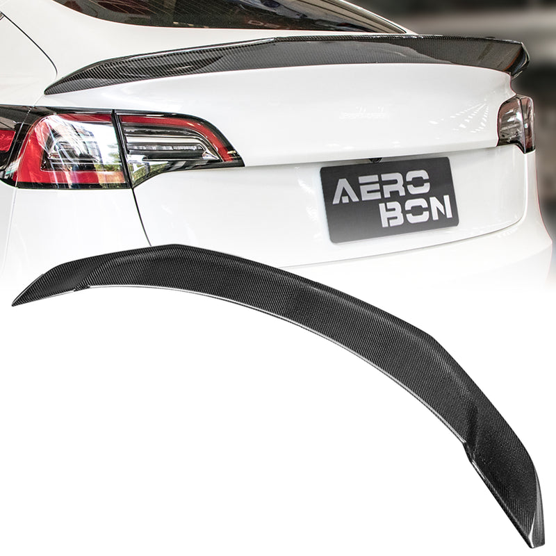 AeroBon Real Carbon Fiber Trunk Spoiler Compatible with 2017-2023 Tesla Model 3 Rear Spoiler (Big Style)