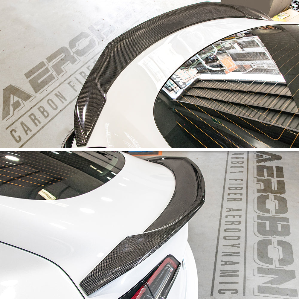 AeroBon Real Carbon Fiber Trunk Spoiler Compatible with 2017-2023 Tesla Model 3 Rear Spoiler (MaxForm Style) Maximum Formation