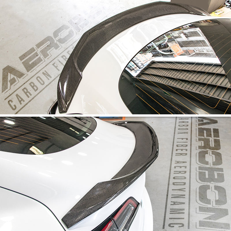 AeroBon Real Carbon Fiber Trunk Spoiler Compatible with 2017-2023 Tesla Model 3 Rear Spoiler (Big Style)