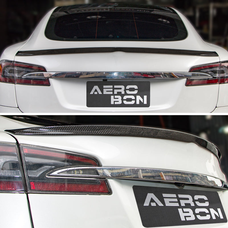 AeroBon Real Carbon Fiber Trunk Spoiler Compatible with 2012-2024 Tesla Model S Spoiler (Long Style)