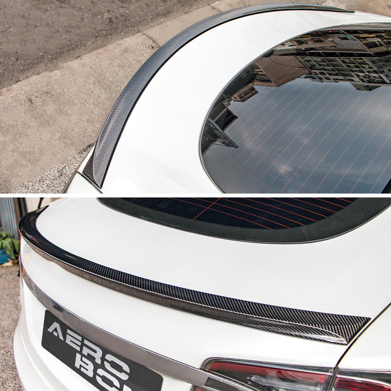 AeroBon Real Carbon Fiber Trunk Spoiler Compatible with 2012-2024 Tesla Model S Spoiler (Long Style)