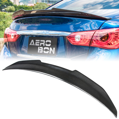 AeroBon Real Carbon Fiber Trunk Spoiler Wing Compatible with 2014-2024 Infiniti Q50 Q50S Sedan (H Style) High Kick