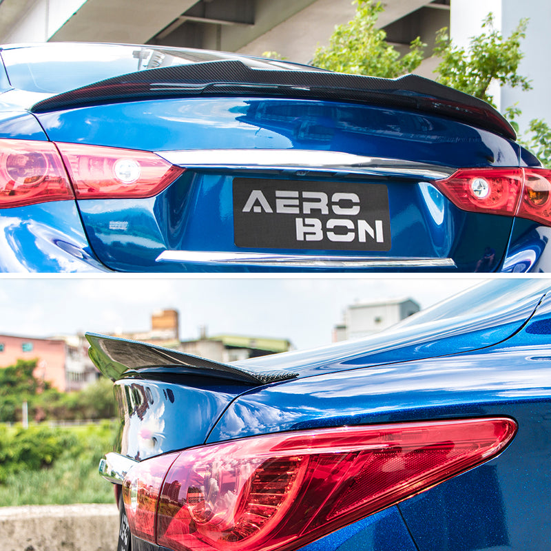 AeroBon Real Carbon Fiber Trunk Spoiler Wing Compatible with 2014-2024 Infiniti Q50 Q50S Sedan (H Style) High Kick