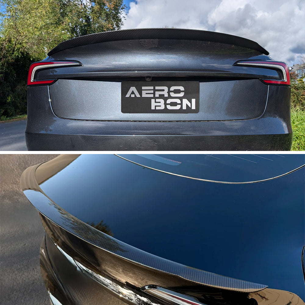 AeroBon Prepreg Dry Carbon Fiber Trunk Spoiler Compatible with 2024 2025 Tesla Model 3 Highland Spoiler (Performance Style) High Gloss