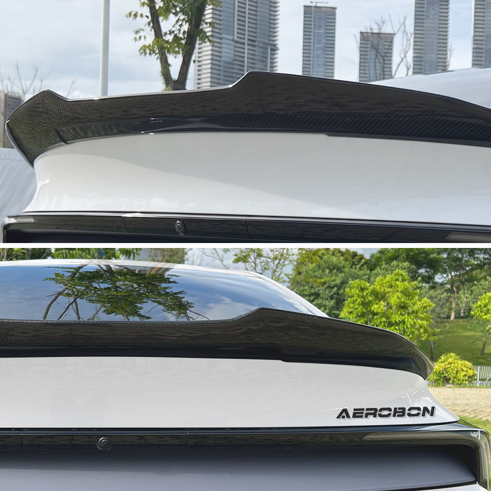 A carbon fiber rear trunk spoiler shown installed on the trunk of a white car, with a top view in an urban setting and a bottom view in a park setting. The Aerobon brand name is visible on the rear badge.