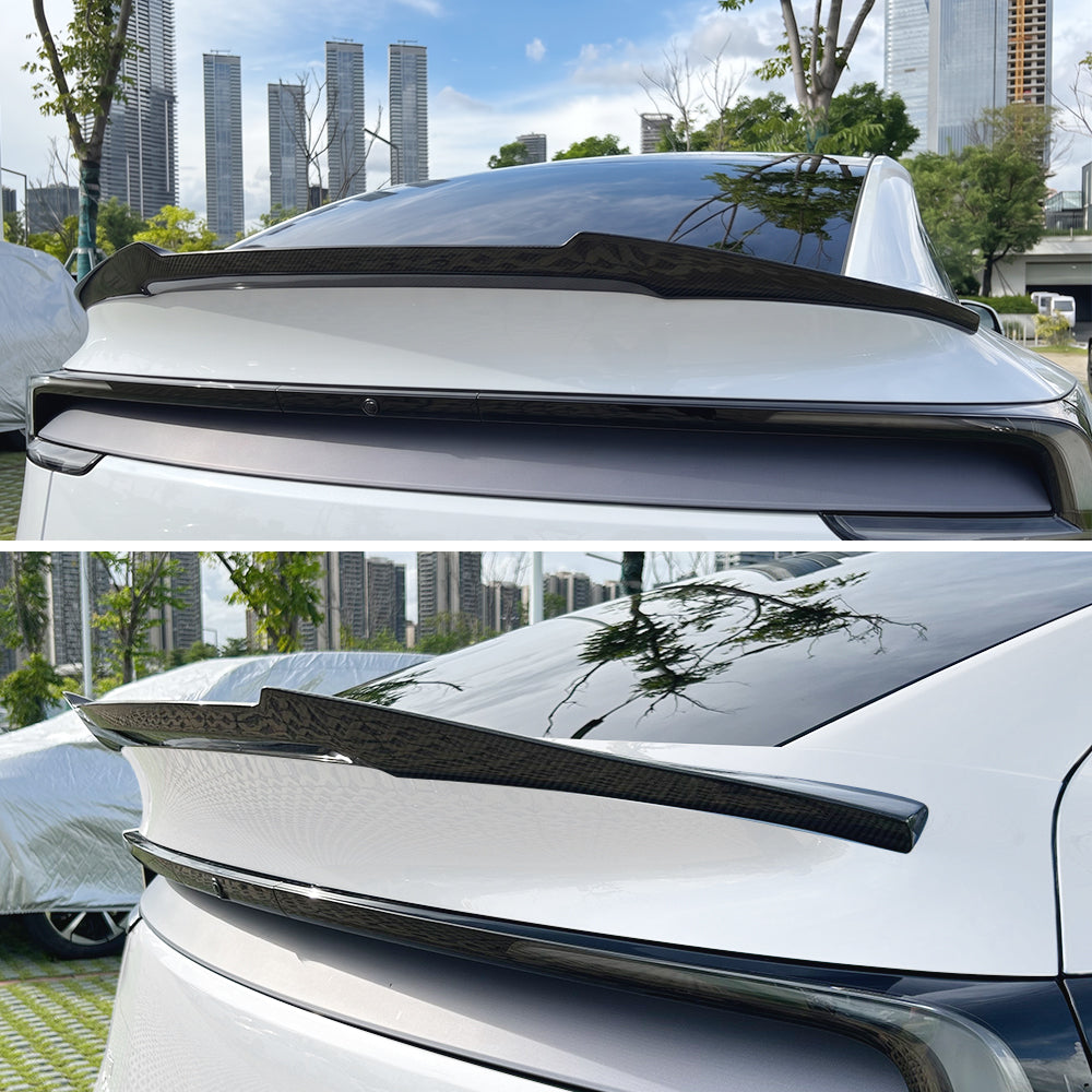 AeroBon real carbon fiber trunk spoiler for 2025-2026 Tesla Model Y Juniper, MV Style, rear installed and product view