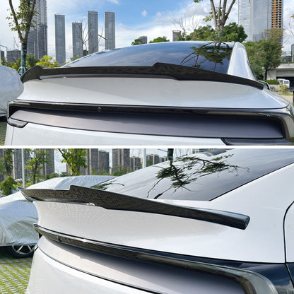 AeroBon real carbon fiber trunk spoiler for 2025-2026 Tesla Model Y Juniper, MV Style, rear installed and product view
