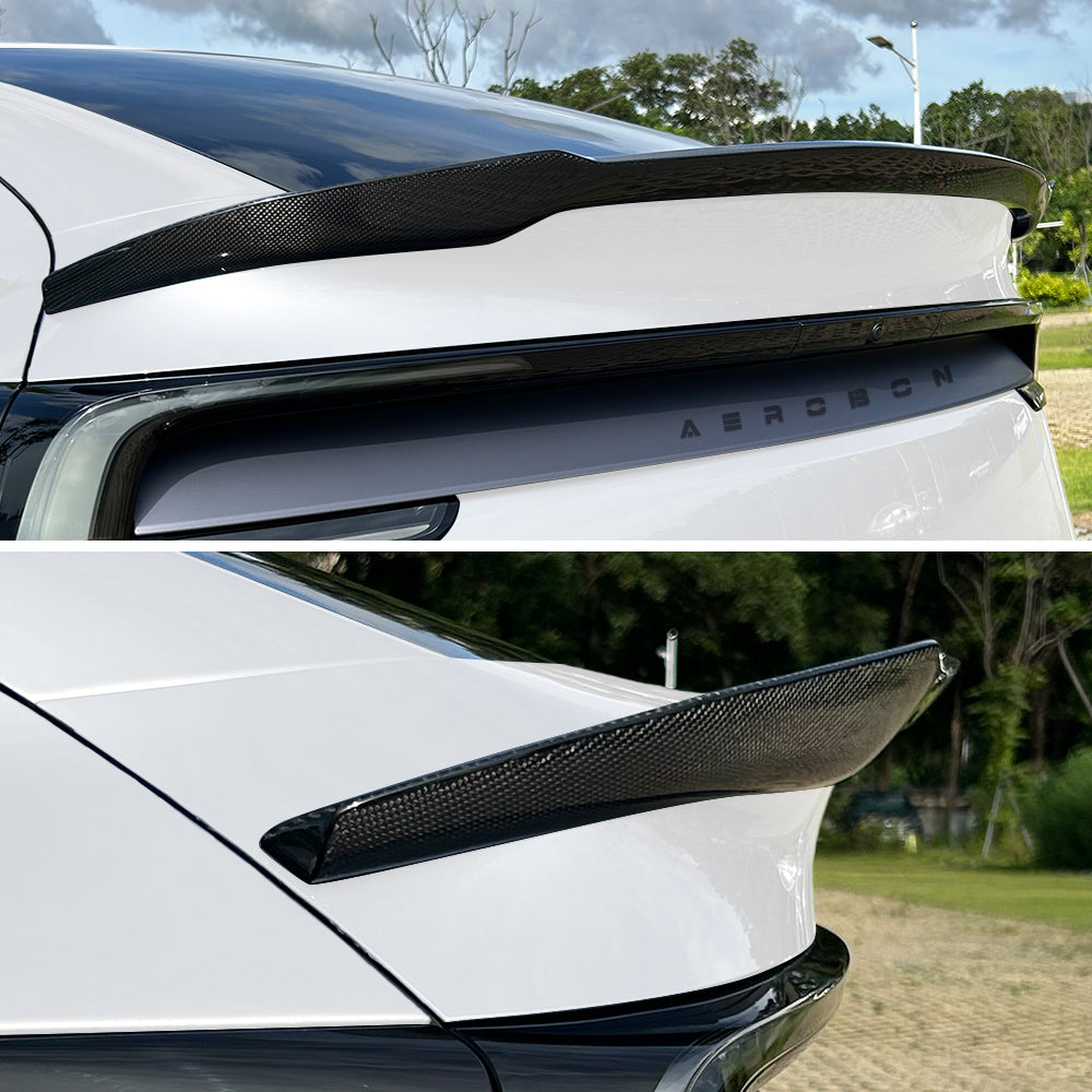A carbon fiber rear trunk spoiler shown installed on the trunk of a white car, with two close-up views of the spoiler itself against an outdoor background.