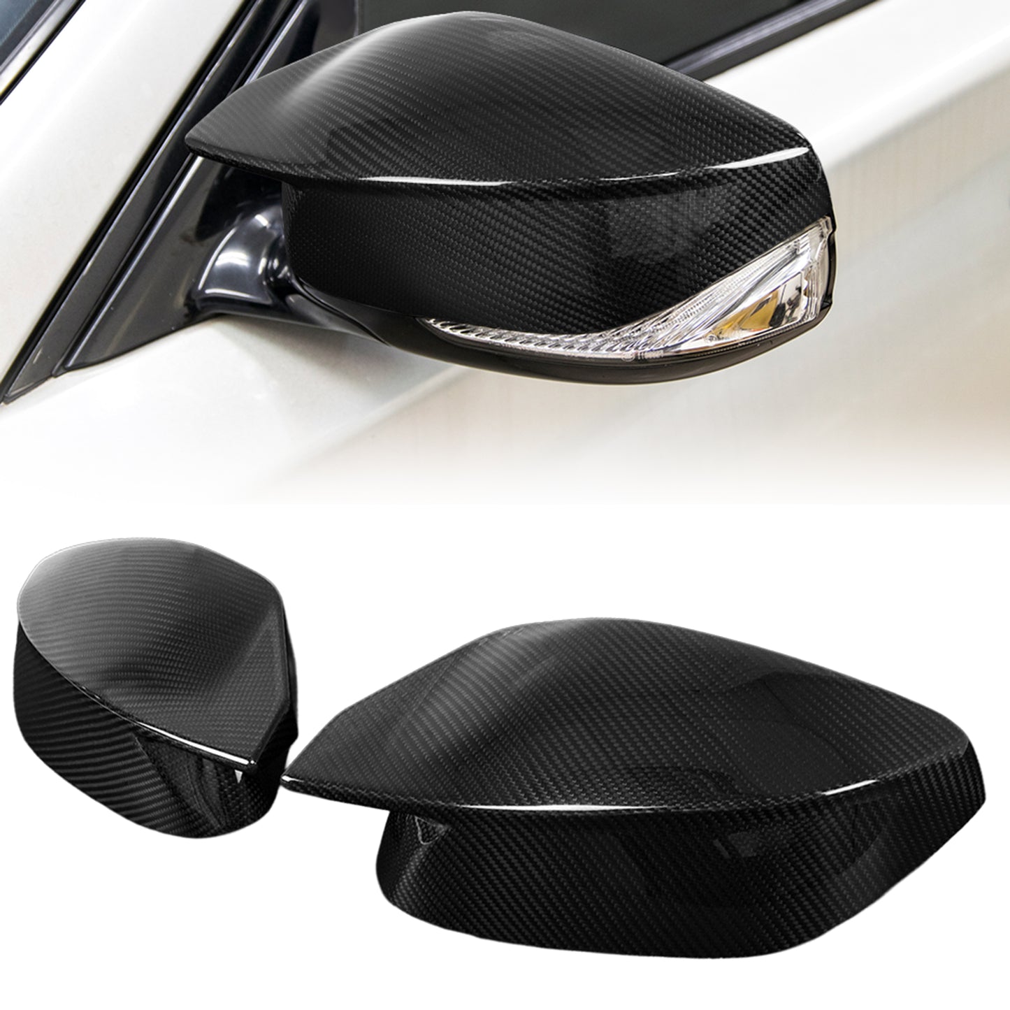 AeroBon Dry Carbon Fiber Mirror Cap Overlays Compatible with Infiniti 2014-2024 Q50 Q50S Mirror Caps (AC Style) Aggressive Curve