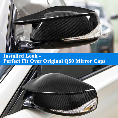 AeroBon Dry Carbon Fiber Mirror Cap Overlays Compatible with Infiniti 2014-2024 Q50 Q50S Mirror Caps (AC Style) Aggressive Curve