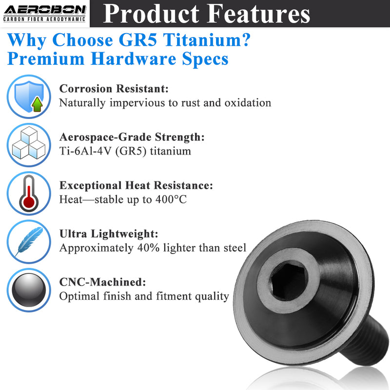 AeroBon Titanium Bolt Kit M6 x 20mm GR5 Button Head 18mm Head for Engine Bay Exterior Body Panels and Motorcycle Dress Up (Black)