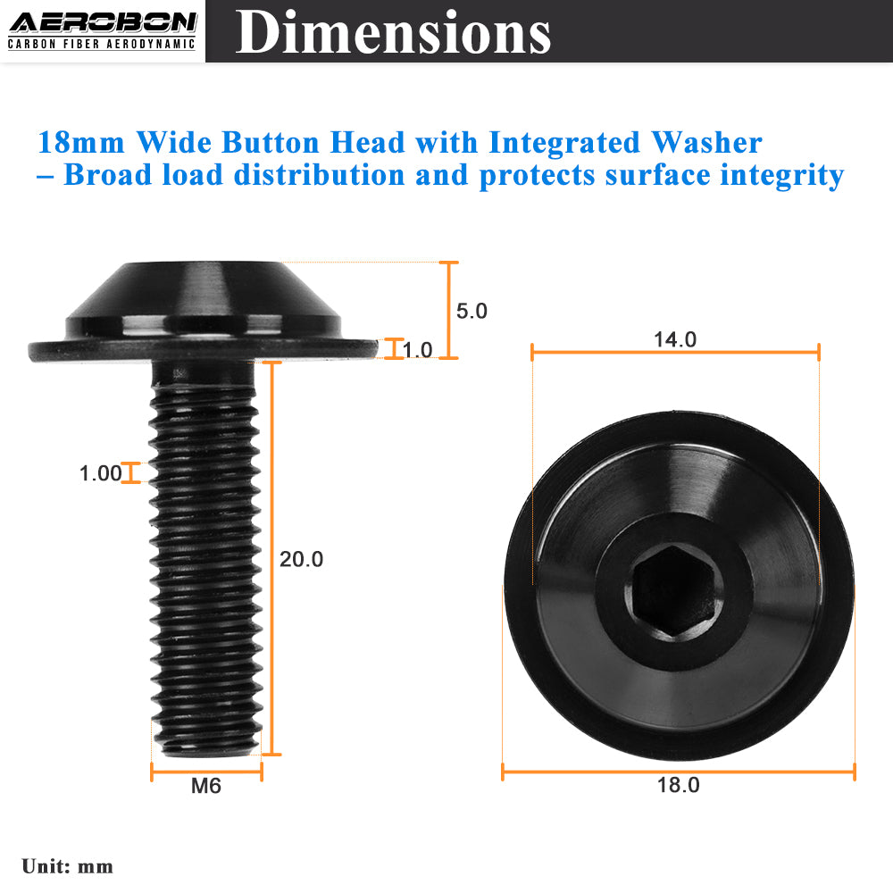 AeroBon GR5 Titanium Bolt Kit M6x20mm 18mm Head Black - product detail view