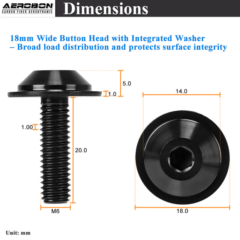 AeroBon Titanium Bolt Kit M6 x 20mm GR5 Button Head 18mm Head for Engine Bay Exterior Body Panels and Motorcycle Dress Up (Black)