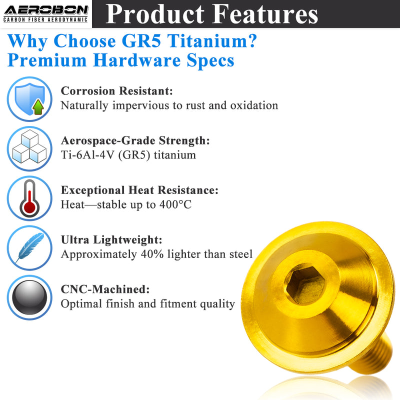 AeroBon Titanium Bolt Kit M6 x 20mm GR5 Button Head 18mm Head for Engine Bay Exterior Body Panels and Motorcycle Dress Up (Gold)