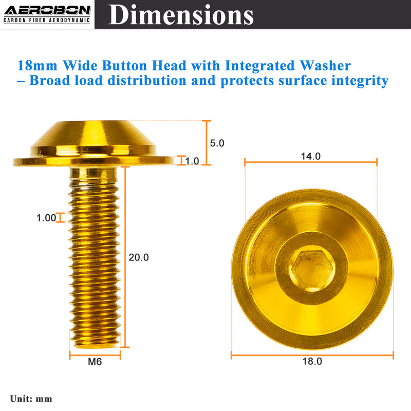 AeroBon Titanium Bolt Kit M6 x 20mm GR5 Button Head 18mm Head for Engine Bay Exterior Body Panels and Motorcycle Dress Up (Gold)
