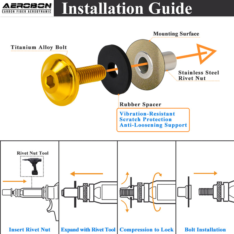 AeroBon Titanium Bolt Kit M6 x 20mm GR5 Button Head 18mm Head for Engine Bay Exterior Body Panels and Motorcycle Dress Up (Gold)