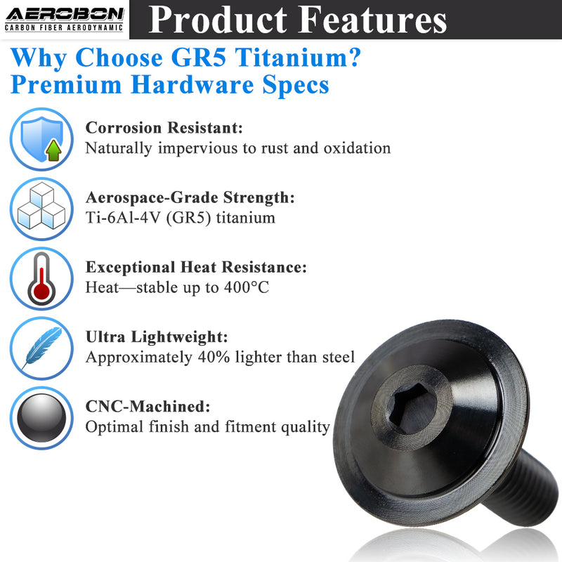 AeroBon Titanium Alloy Bolt Kit M8 x 25mm GR5 Button Head 24mm for Engine Bay Body Panels and Exterior Mounting Dress Up (Black)