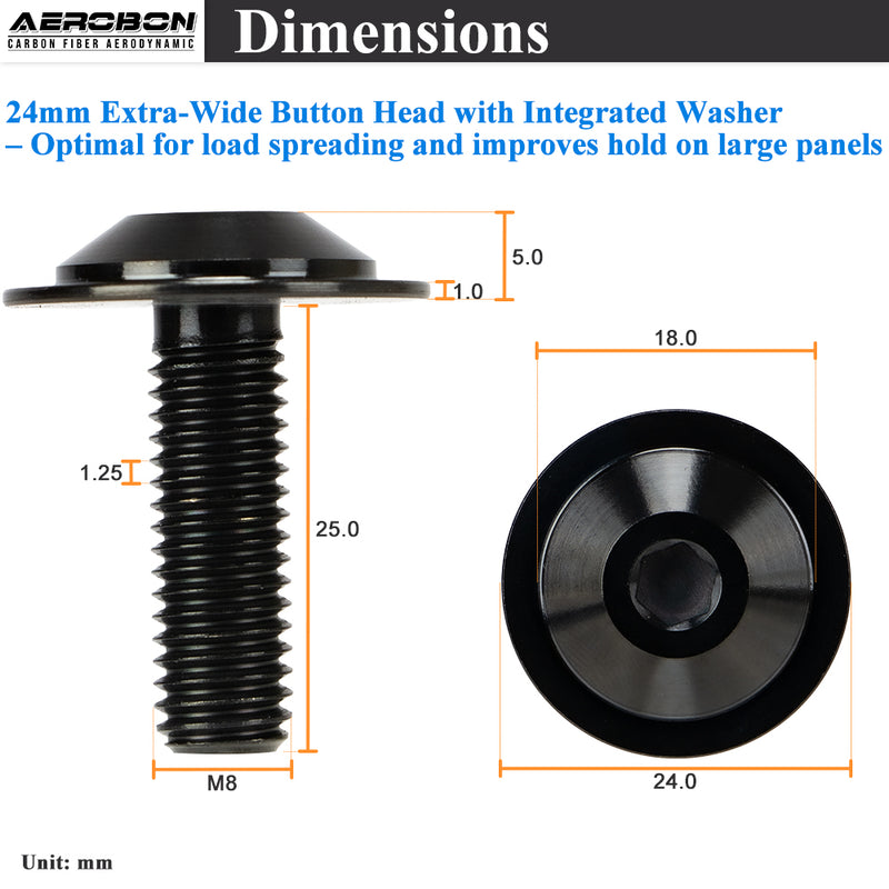 AeroBon Titanium Alloy Bolt Kit M8 x 25mm GR5 Button Head 24mm for Engine Bay Body Panels and Exterior Mounting Dress Up (Black)