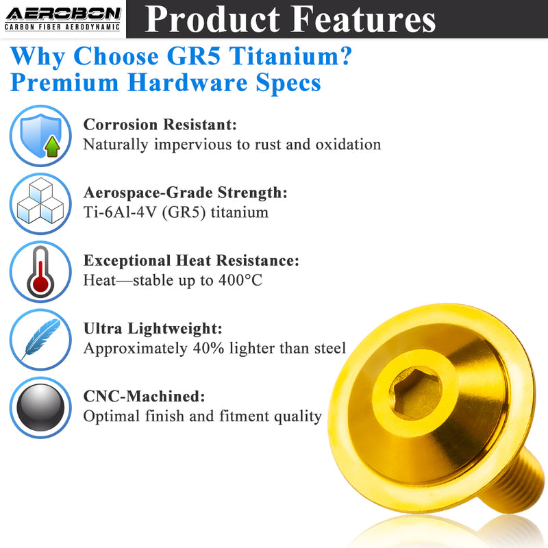 AeroBon Titanium Alloy Bolt Kit M8 x 25mm GR5 Button Head 24mm for Engine Bay Body Panels and Exterior Mounting Dress Up (Glod)