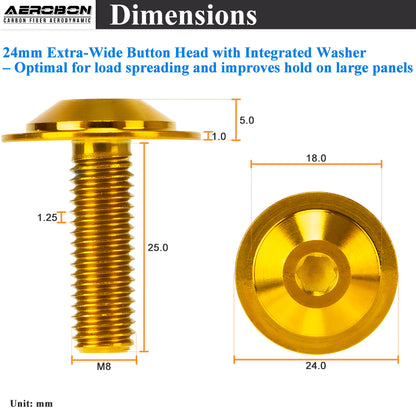 AeroBon Titanium Alloy Bolt Kit M8 x 25mm GR5 Button Head 24mm for Engine Bay Body Panels and Exterior Mounting Dress Up (Glod)