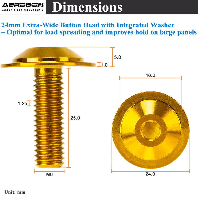 AeroBon Titanium Alloy Bolt Kit M8 x 25mm GR5 Button Head 24mm for Engine Bay Body Panels and Exterior Mounting Dress Up (Glod)