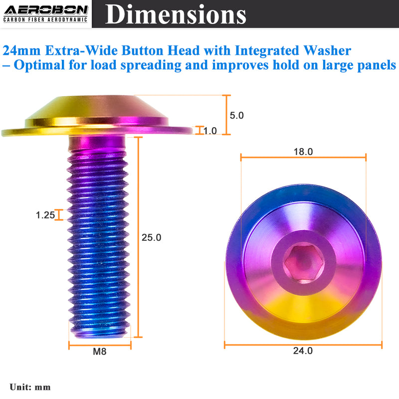 AeroBon Titanium Alloy Bolt Kit M8 x 25mm GR5 Button Head 24mm for Engine Bay Body Panels and Exterior Mounting Dress Up (Rainbow)
