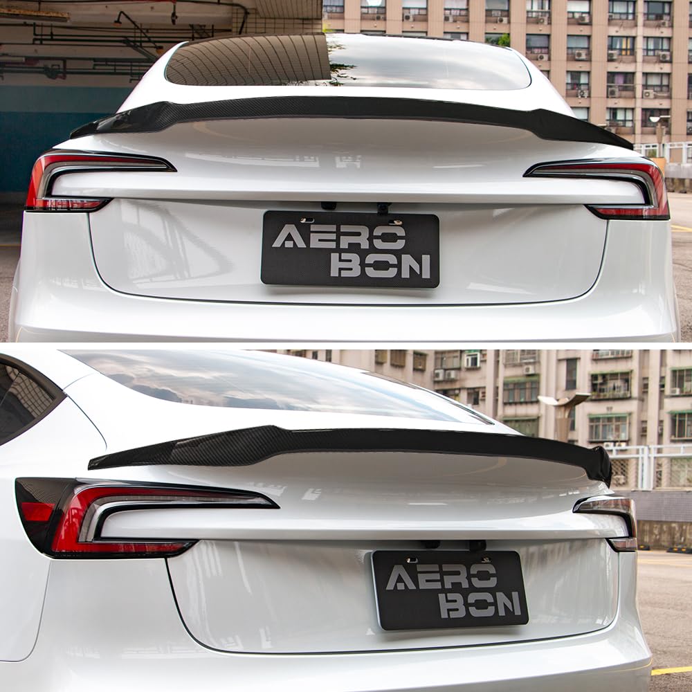 AeroBon Real Carbon Fiber Trunk Spoiler Compatible with 2024-2026 Tesla Model 3 Highland Rear Spoiler (RL Style) Revolution Line