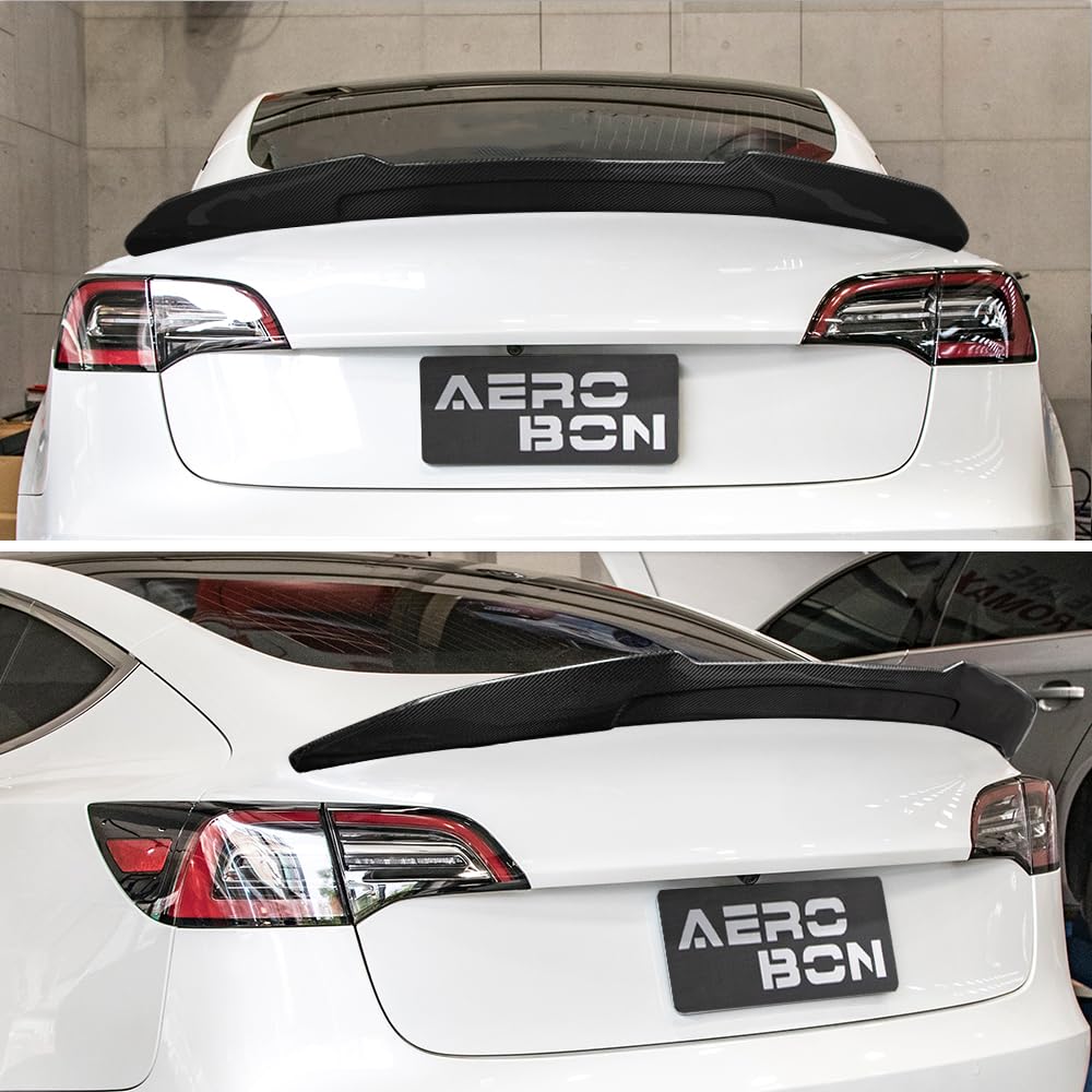 AeroBon Real Carbon Fiber Trunk Spoiler Compatible with 2017-2023 Tesla Model 3 Rear Spoiler (H Style) High Kick