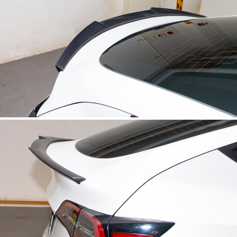AeroBon Real Carbon Fiber Trunk Spoiler Compatible with 2020-2024 Tesla Model Y Rear Spoiler (MV Style) Motorsport Version