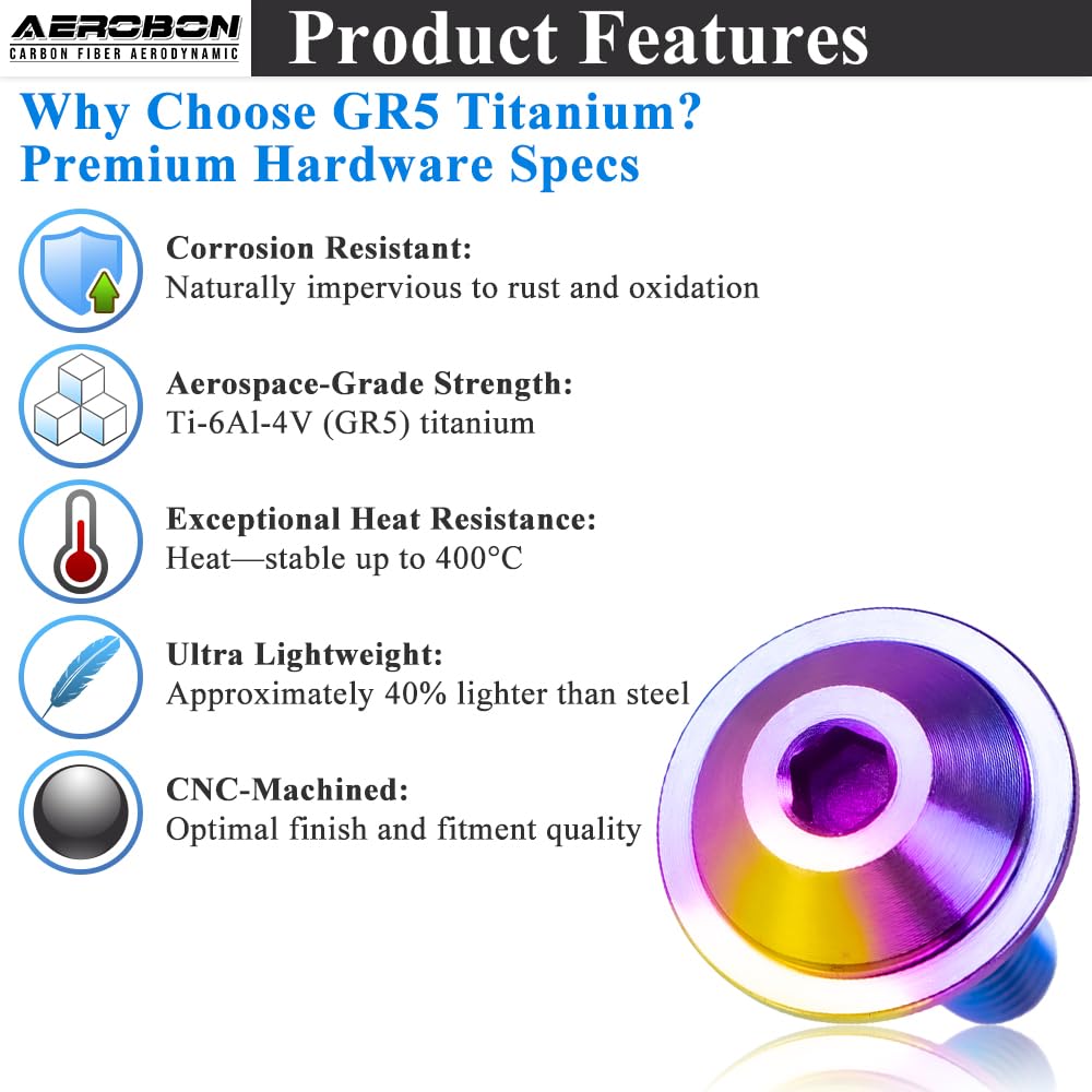 AeroBon GR5 Titanium Bolt Kit M6x20mm 18mm Head Rainbow - product display view