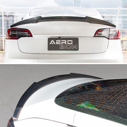AeroBon Real Carbon Fiber Trunk Spoiler Compatible with 2017-2023 Tesla Model 3 Rear Spoiler (MV Style) Motorsport Version