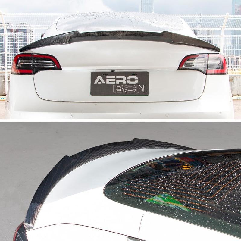 AeroBon Real Carbon Fiber Trunk Spoiler Compatible with 2017-2023 Tesla Model 3 Rear Spoiler (V Style)