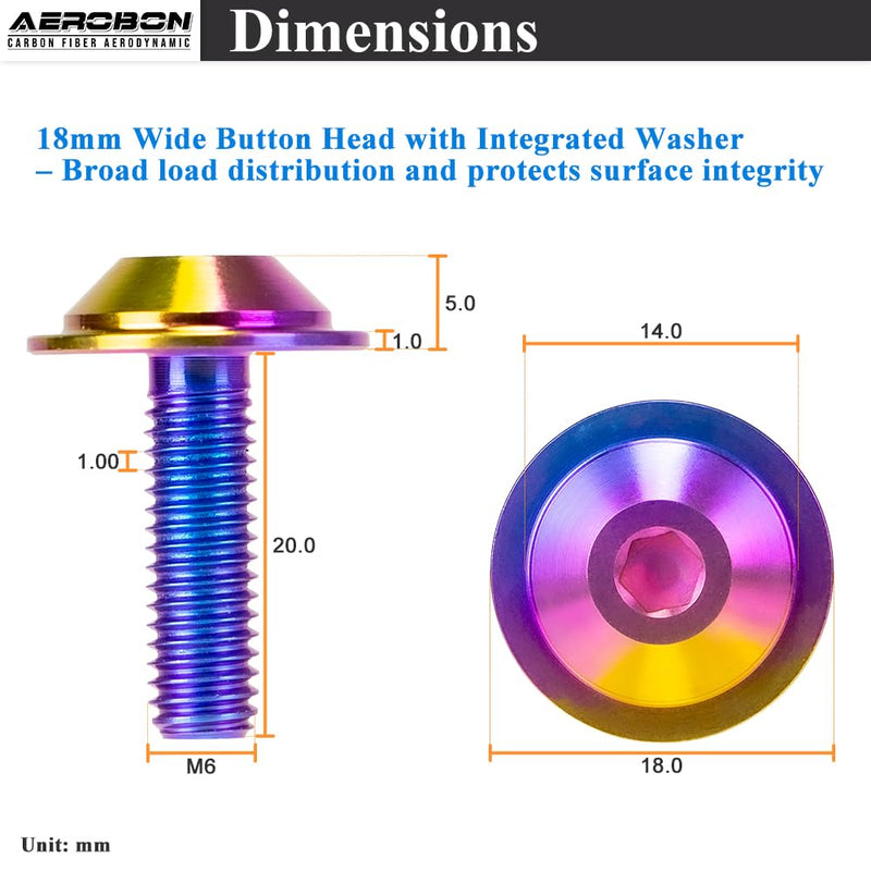AeroBon Titanium Bolt Kit M6 x 20mm GR5 Button Head 18mm Head for Engine Bay Exterior Body Panels and Motorcycle Dress Up (Rainbow)