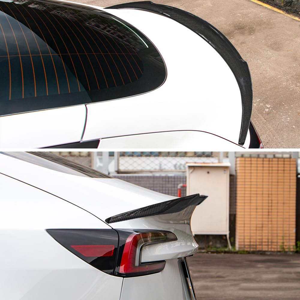 AeroBon Real Carbon Fiber Trunk Spoiler Compatible with 2024-2026 Tesla Model 3 Highland Rear Spoiler (RL Style) Revolution Line