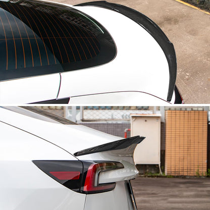 AeroBon Real Carbon Fiber Trunk Spoiler Compatible with 2024-2026 Tesla Model 3 Highland Rear Spoiler (RL Style) Revolution Line