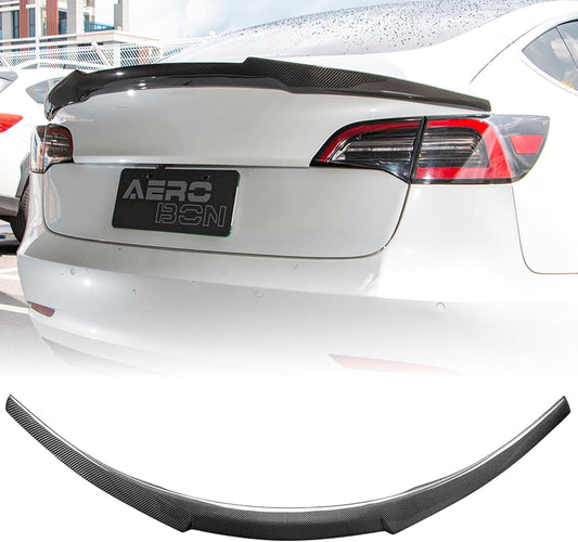 AeroBon Real Carbon Fiber Trunk Spoiler Compatible with 2017-2023 Tesla Model 3 Rear Spoiler (MV Style) Motorsport Version