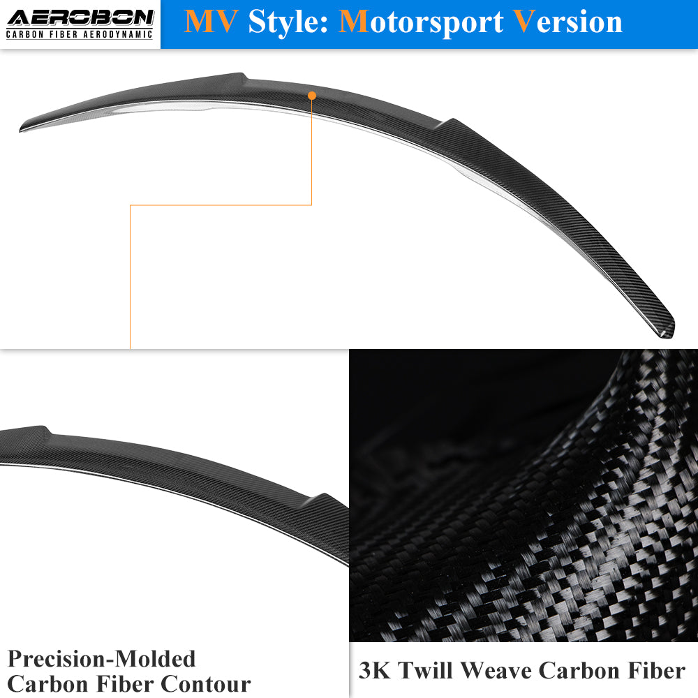 AeroBon Real Carbon Fiber Trunk Spoiler Compatible with 2017-2023 Tesla Model 3 Rear Spoiler (MV Style) Motorsport Version