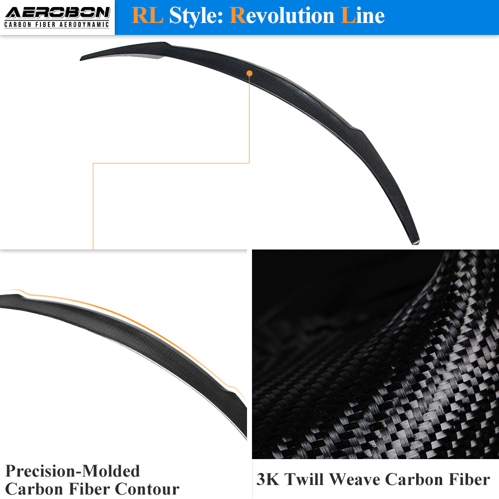 AeroBon Real Carbon Fiber Trunk Spoiler Compatible with 2024-2026 Tesla Model 3 Highland Rear Spoiler (RL Style) Revolution Line