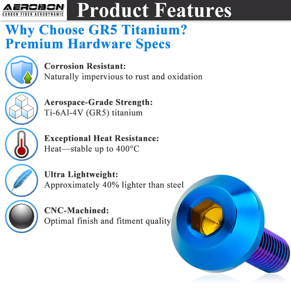 AeroBon GR5 Titanium Bolt Kit M6x20mm (16mm Head OD) for Engine Bay Exterior Trim Body Panels Dress-Up Hardware, M6x1.0, 8 Bolts (Burnt Blue)
