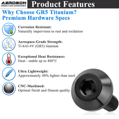 AeroBon GR5 Titanium Bolt Kit M6x20mm (16mm Head OD) for Engine Bay Exterior Trim Body Panels Dress-Up Hardware, M6x1.0, 8 Bolts (Black)