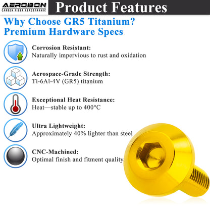 AeroBon GR5 Titanium Bolt Kit M6x20mm (16mm Head OD) for Engine Bay Exterior Trim Body Panels Dress-Up Hardware, M6x1.0, 8 Bolts (Gold)